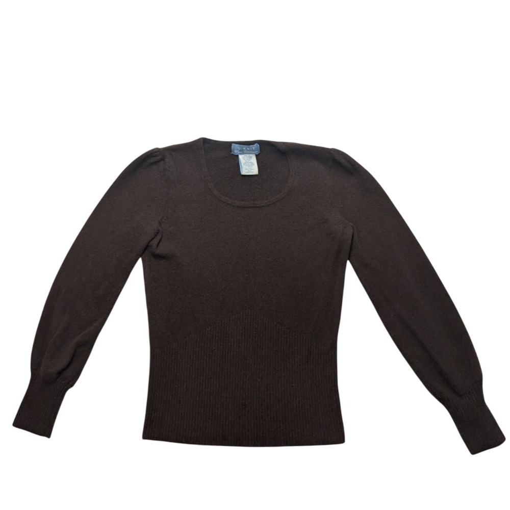 U-KNIT Pure Cashmere Sweater Womens Medium Brown Puff Sleeve Scoop Neck Pullover